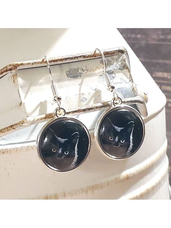 Jewelry - Black Cat Night Sky Silver Plated Glass Cabochon Kitty Kitten Dangle Earrings